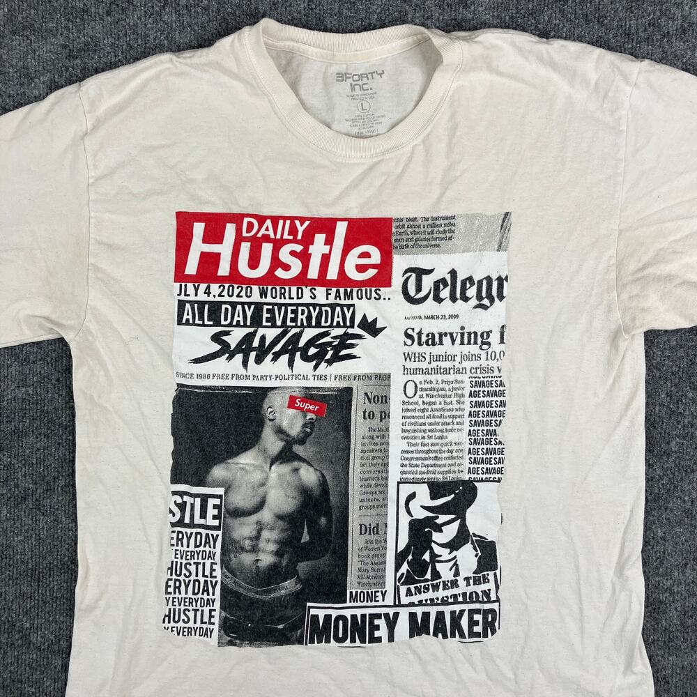 3Forty Inc T-Shirt Mens L White Daily Hustle Newspaper Graphic Streetwear
